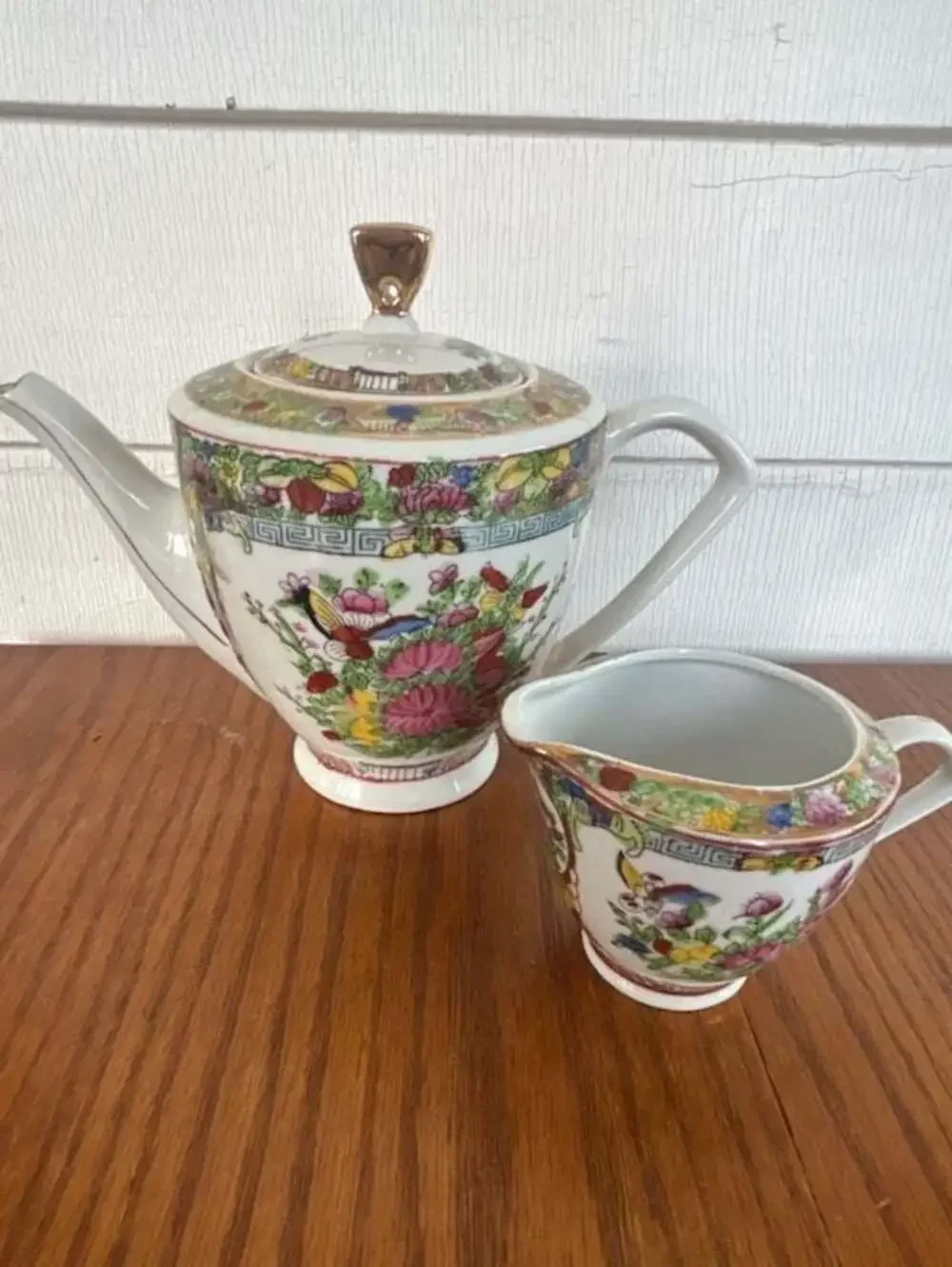 Vintage Chinese Famille Rose Millefleur Porcelain Teapot with Small Creamer